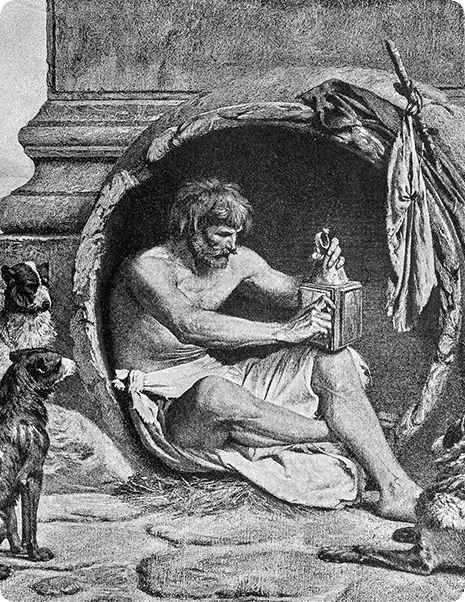 Une photo monochrome de Diogène de Sinope dans son tonneau tenant une lampe à huile au côté de 3 chiens